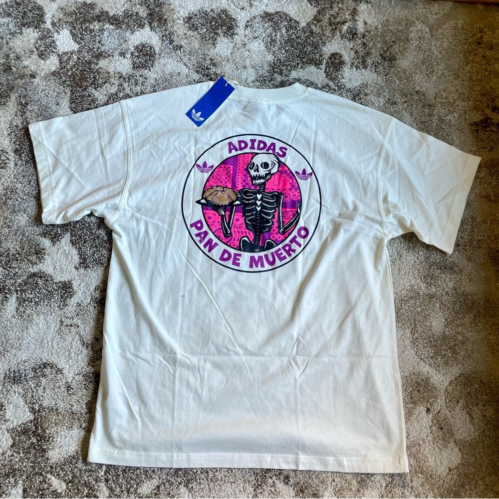 adidas White Short-Sleeve Tee with Pink Skeleton 'Pan de Muerto' Graphic